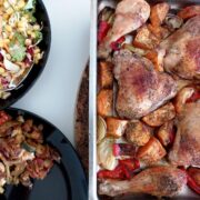 Kylling med sødekartofler og tilbehør serveret på spisebord
