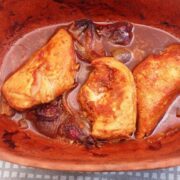 Pulled Chicken i Römertopf efter 3 ½ time i ovn