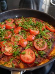 Vendt æggekage i stegepande med tomat og purløg i stegepande
